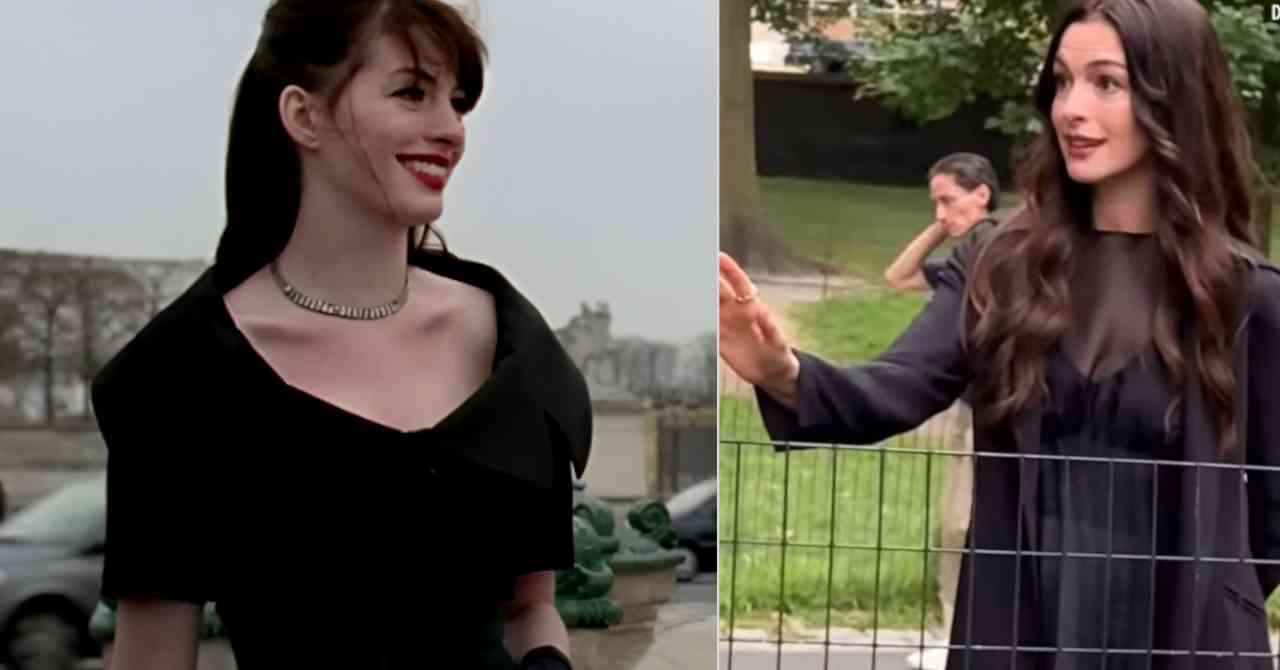 When Anne Hathaway manages the paparazzi with grace on the set of the Devil dresses in Prada 2