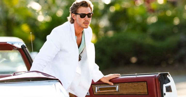Austin Butler in total Sonny Crockett look on the set of Miami Vice '85
